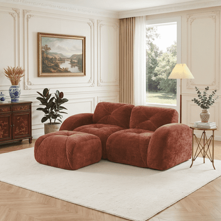 Eyisean 80.3" Velvet Modular Sectional Loveseat Sofa with Ottoman, 2-Seater L Shape Boneless Couch with Anti-Slip Design, No Assembly Required, Comfy Cloud Sectional Couches for Living Room