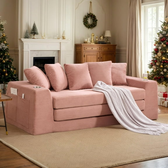 Eyisean 82'' Futon Boneless Couch Lounge Loveseat with Pull-Out Bed, 2 in 1 Convertible Sofa Bed, Corduroy Folding Floor Mattress Couch for Living Room/Apartment, No Assembly Required