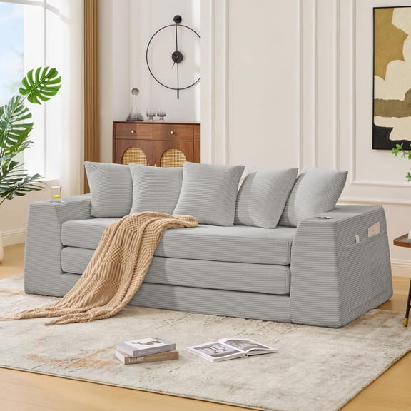 Eyisean 82'' Futon Boneless Couch Lounge Loveseat with Pull-Out Bed, 2 in 1 Convertible Sofa Bed, Corduroy Folding Floor Mattress Couch for Living Room/Apartment, No Assembly Required