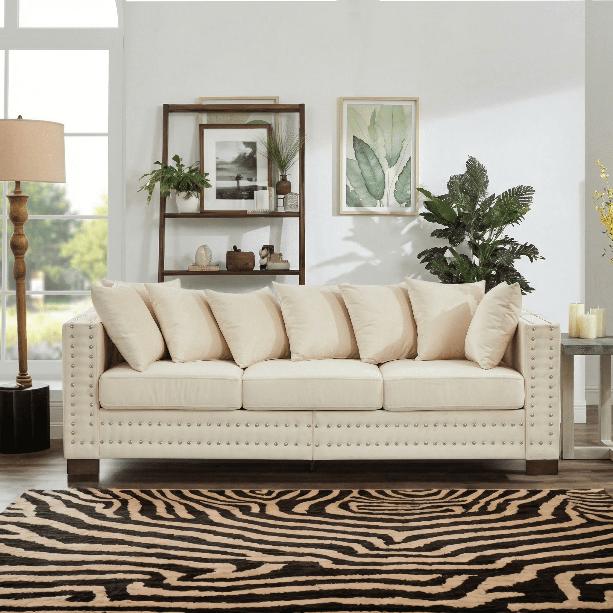 Eyisean 84.5" Velvet Modern Loveseat Sofa for Living Room, 3-Seater Upholstered Tufted Couch with Nailhead Arms & Pillow, Removable/Washable Cushion, Cloud Couch with Storage Space