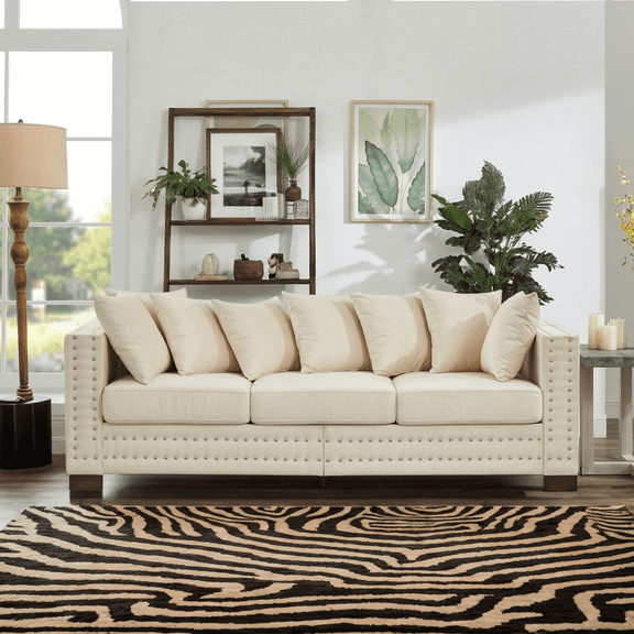 Eyisean 84.5" Velvet Modern Loveseat Sofa for Living Room, 3-Seater Upholstered Tufted Couch with Nailhead Arms & Pillow, Removable/Washable Cushion, Cloud Couch with Storage Space