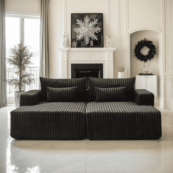 Eyisean 87" Corduroy Sectional Sofa Bed with Double Chaise Lounge, Deep Seat Boneless Sleeper Sofa Couch, Fluffy Modern Loveseat Chair with Pillows for Living Room, No Assembly