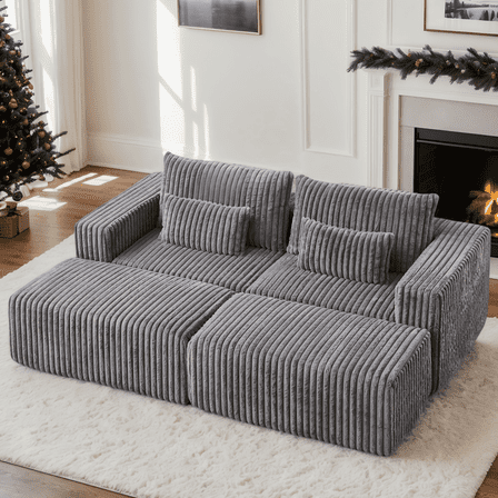 Eyisean 87" Corduroy Sectional Sofa Bed with Double Ottoman, Deep Seat Boneless Sleeper Sofa Couch, Fluffy Modern Loveseat Chair with Pillows for Living Room, No Assembly