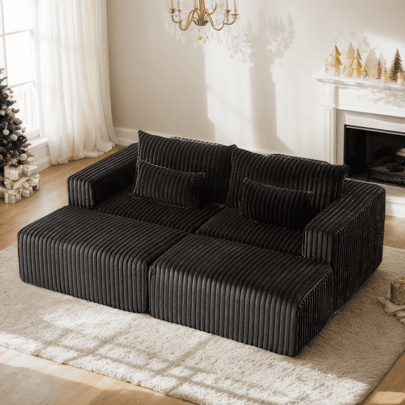Eyisean 87" Corduroy Sectional Sofa Bed with Double Ottoman, Deep Seat Boneless Sleeper Sofa Couch, Fluffy Modern Loveseat Chair with Pillows for Living Room, No Assembly