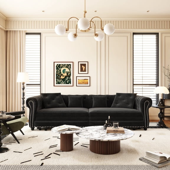 Eyisean 89" King Size Velvet Couch with Ottoman, Tufted Design, 3-in-1 Convertible Pull Out Chesterfield Sleeper Sofa Bed , Queen Sleeper Couch for Small Spaces Apartments, Guest Rooms, Living Room