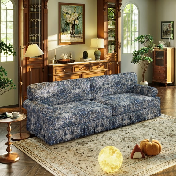 Eyisean 93.7" Chenille/Oxford Traditional Style Upholstered Sofa, 4-Seater Comfy Deep Seat Couch with Rolled Armrests & Ruffled Skirt, Oversized Cloud Sectional Couch for Living Room, Apartment