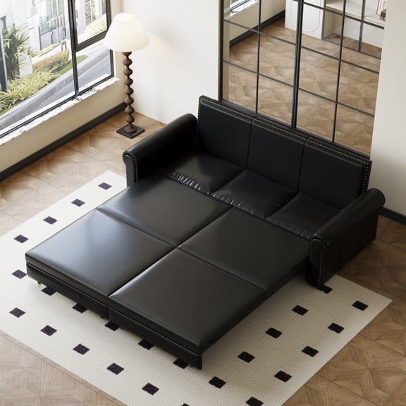 Eyisean 93.7" King Size Sleeper Sofa Bed with Pillows, Faux Leather 3 in 1 Pull Out Sofa Bed, Upholstery Convertible Sleeper Couch, Chaise Lounge Retro Recliner for Living Room