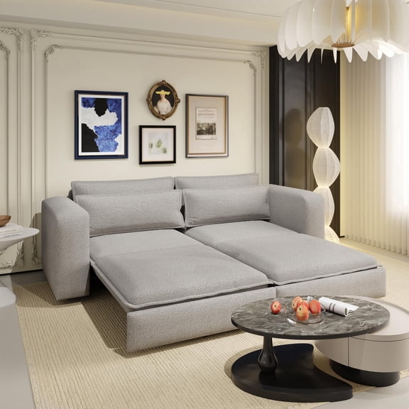 Eyisean 93" King Size Sleeper Sofa Bed, 3-in-1 Convertible Pull Out Couch, Modern Comfy Upholstered Teddy Fabric Sofa Bed with 2 Throw Pillows, 3 Seater Loveseat Chaise Lounge for Living Room