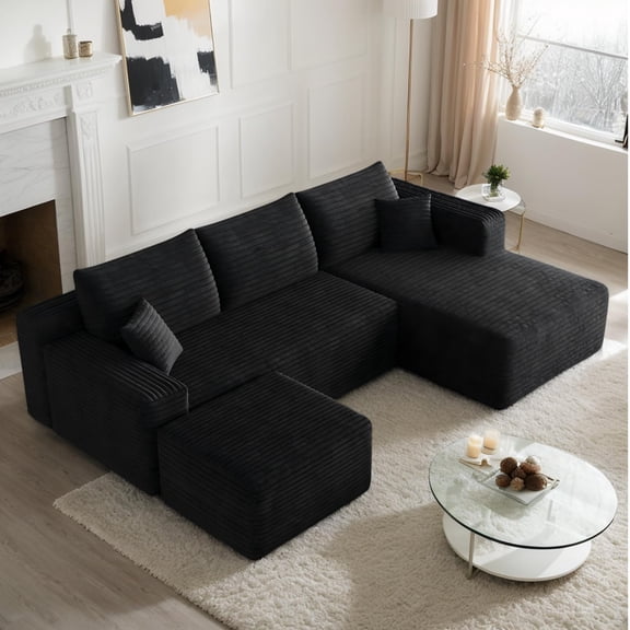 Eyisean 94" U-Shaped Cloud Sectional Couch, Corduroy Boneless Couch with Deep Seat, Comfy Modular Sectional Sofa with Chaise & Ottoman, Comfy Fluffy Couches for Living Room, No Assembly Required