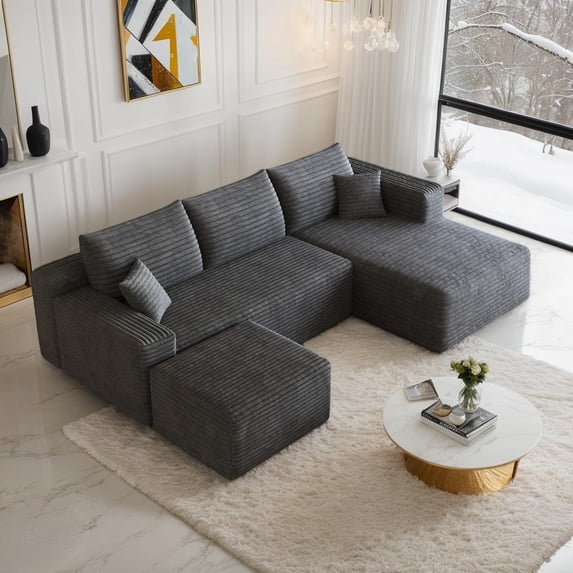 Eyisean 94" U-Shaped Cloud Sectional Couch, Corduroy Boneless Couch with Deep Seat, Comfy Modular Sectional Sofa with Chaise & Ottoman, Comfy Fluffy Couches for Living Room, No Assembly Required