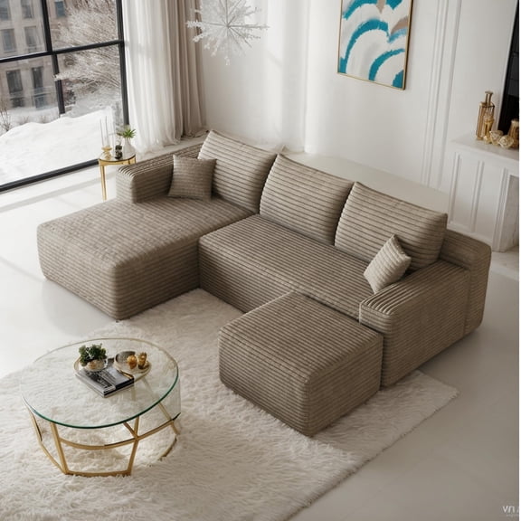 Eyisean 94" U-Shaped Cloud Sectional Couch, Corduroy Boneless Couch with Deep Seat, Comfy Modular Sectional Sofa with Chaise & Ottoman, Comfy Fluffy Couches for Living Room, No Assembly Required