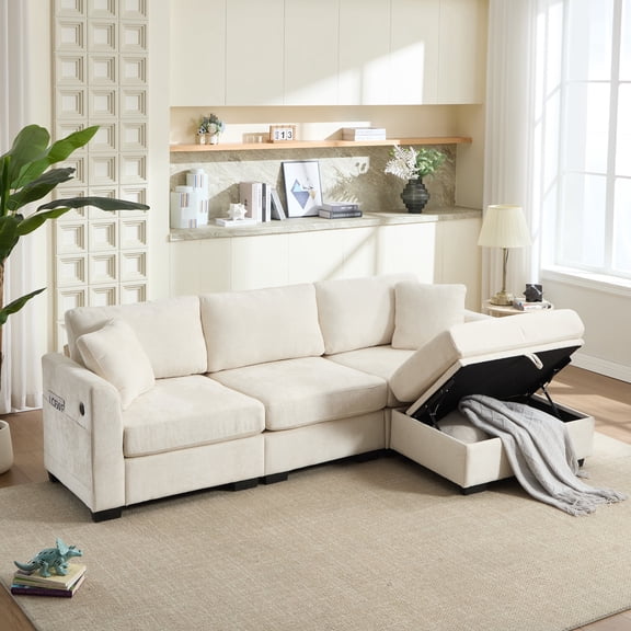 Eyisean 97" Chenille Oversized Modular Sectional Sofa, 4 Seat Deep Seat Couch with USB Ports & Side Pockets, Comfy Upholstered L Shaped Cloud Sofa with Storage Ottoman, Easy Assembly for Living Room
