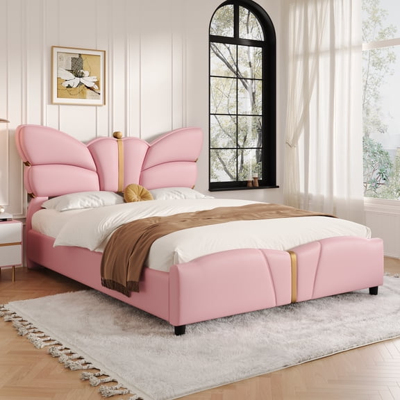 Eyisean Bed Frame with Butterfly Headboard and Footboard Full Size PU Leather Upholstered Platform Bed with Gold Decor Wooden Slat Support Noise-Free No Box Spring Needed
