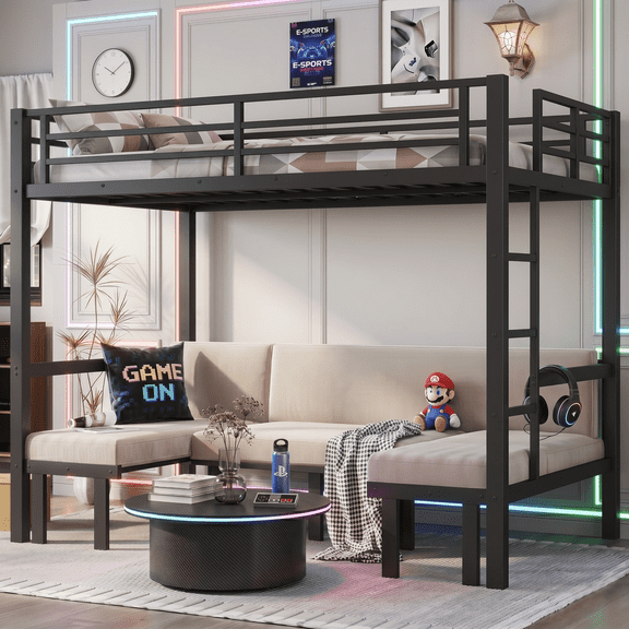 Eyisean Full Over Full Size Metal Bunk Bed, Modern Beds with Safety Rails, Heavy Duty Convertible U-Shaped Frame, Lower Loft Beds with 3-Section Pull-Out, Easy Assembly for Adults, Without Mattress