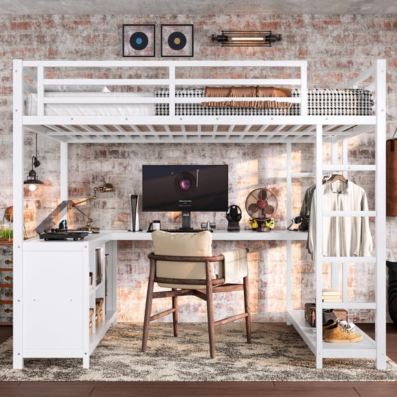 Eyisean Full Size Loft Bed with L-Shaped Gaming Desk, Modern Gaming Bed with Storage Shelves and Wardrobe, Metal Loft Bed Frame for Adults, Teens