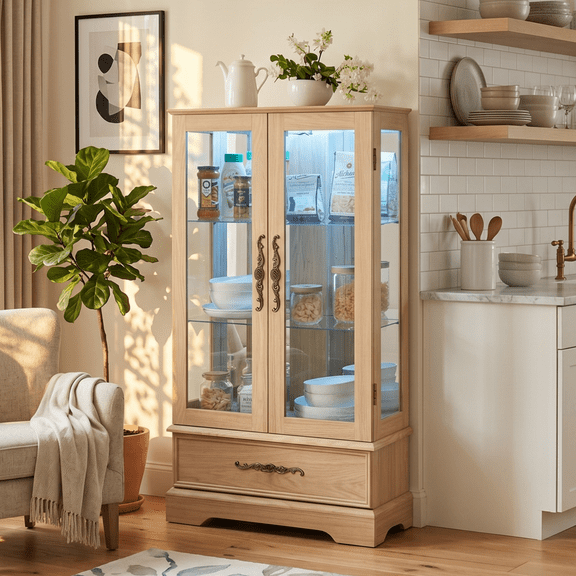 Eyisean LED Glass Display Cabinet with 7 Color Lights, 47" H Curio Cabinet with Tempered Glass Doors, 3-Tier Adjustable Shelves and Acrylic Mirror Back Sheets for Living Room