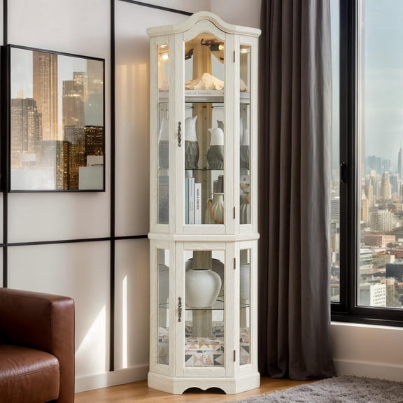Eyisean 70.5" Curved Top Corner Curio Cabinet, Display Lighted Storage Cabinet with Tempered Glass Door, Bar & Liquor Storage Area with 4 Adjustable Shelves, Wooden China Wine Cage for Living Room