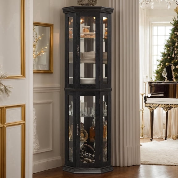 Eyisean 70" Vintage Lighted Corner Curio Cabinet, Glass Display Cage with 4 Tempered Adjustable Shelves, Freestanding Home Bar Cage with Doors, China Cabinet Include Light Bulb, Rack for Living Room