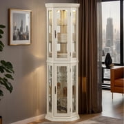 Eyisean 70" Vintage Lighted Corner Curio Cabinet, Glass Display Cage with 4 Tempered Adjustable Shelves, Freestanding Home Bar Cage with Doors, China Cabinet Include Light Bulb, Rack for Living Room