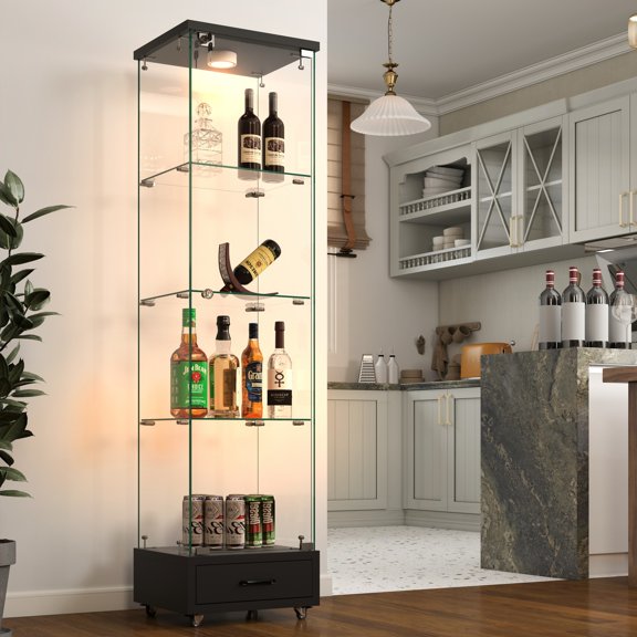 Eyisean Modern Glass Display Cabinet with LED lights, Antique Curio Cabinet with Large Drawer, Tempered Glass Bookshelf, 1-Door Storage Case with 4 Shelves for Living Room, Bedroom, Quick-assembly