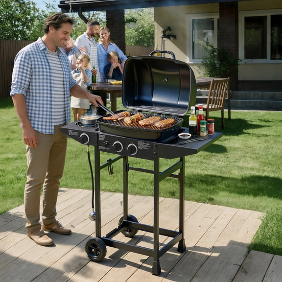 Eyisean Outdoor Steel 2 Burner Propane Gas BBQ Grill with Side Burner & Prep Shelf, Stainless Steel Enamel-Coated Grates Barbecue Grills with 24000 BTU & Rolling Casters for Outdoor Cooking, Garden