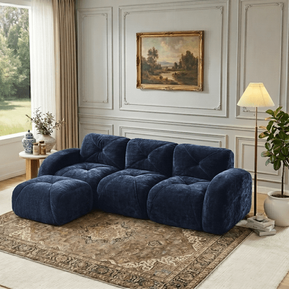 Eyisean 110'' Velvet Modern Modular Sectional Couch with Ottoman, 3-Seater L Shape Tufted Boneless Couches with Anti-Slip Design, No Assembly Required, Deep Seat Cloud Floor Sofa for Living Room