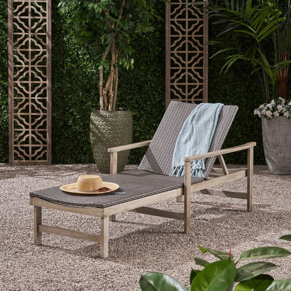 Eyisean Patio Chaise Lounge Rattan Chair with Acacia Wood Frame, Wicker Lounge Chair with Adjustable Backrest for Pool, Garden, Beach, and Backyard