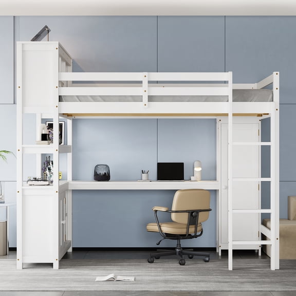 Eyisean Queen Modern Loft Bed with Desk, Space Saving Bed Frame with Storage Cabinet, Wardrobe & Built-in Ladder, Wood Loft Beds Frames for Teens, Adults, Bedroom, No Need Box Spring
