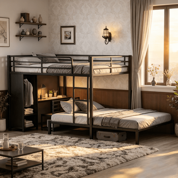 Eyisean Queen Over Queen Metal Bunk Bed, Space-Saving Bed Frame with Desk & Wardrobe, Storage Chairs, Heavy Duty Safety Bunk Beds with Guardrail & Ladder, No Box Spring Needed, for Adults, Bedroom