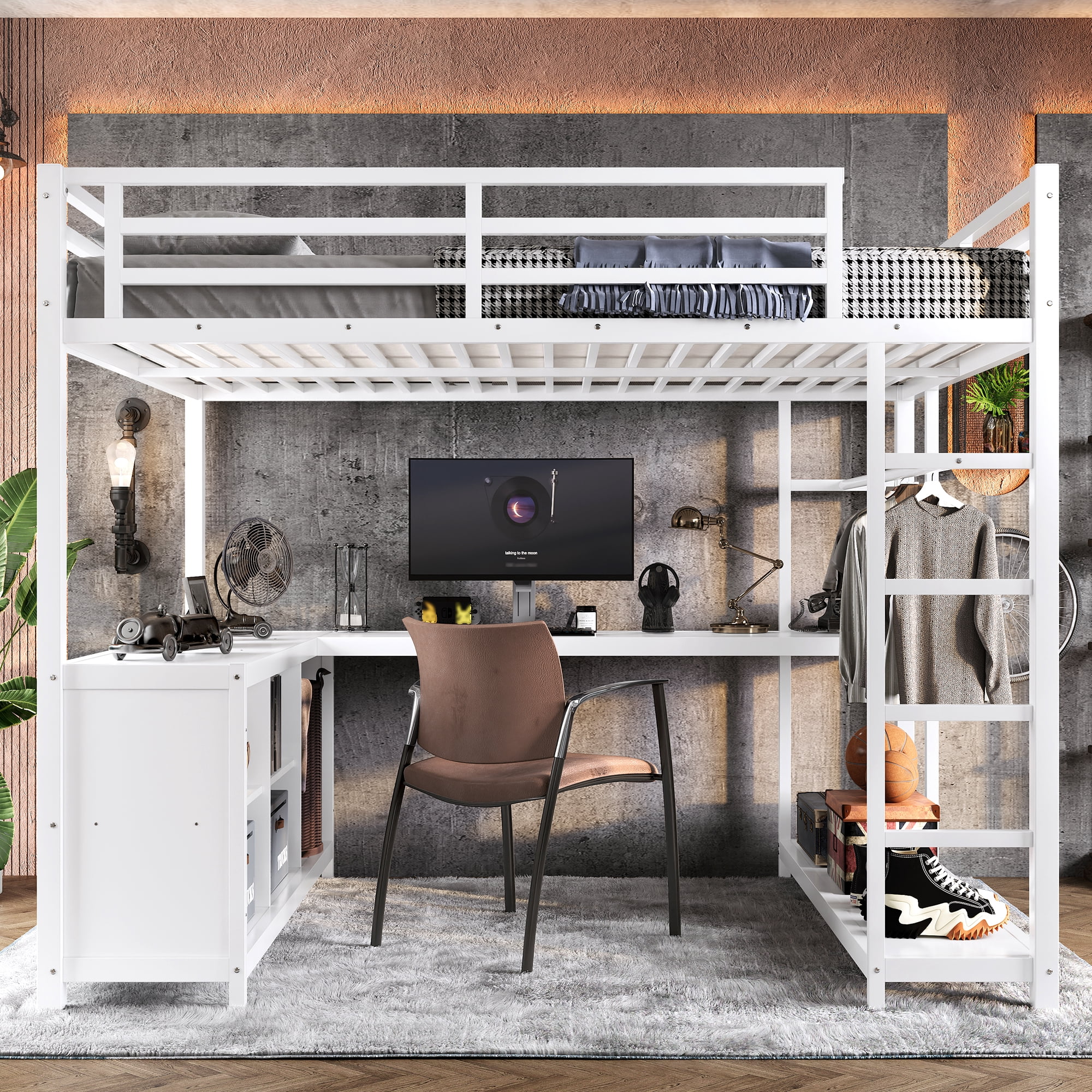 Eyisean Queen Size Loft Bed with L-Shaped Gaming Desk, Modern Gaming ...
