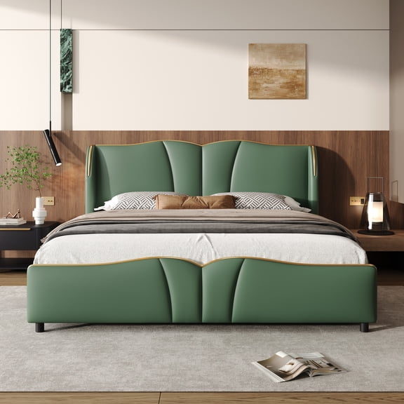 Eyisean Queen Size Upholstered PU Leather Bed Frame, Modern Platform Bed with Wingback Head Board and Wavy Foot Board, No Box Spring Needed, Easy Assembly