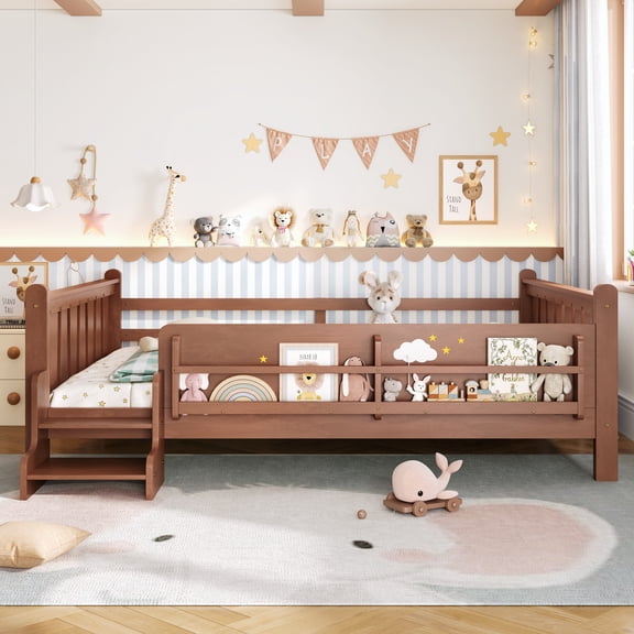 Eyisean Queen Size Wooden Floor Bed, Space-Saving Low Profile Daybed with Storage Bookcases, Durable Safety Montessori Platform Bed with Cute Stairs & Guardrails for Bedroom, No Box Spring Needed