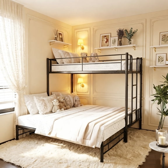 Eyisean Twin Over King Size Metal Bunk Bed, Space-Saving Pull-Out Bed Frame with Built-In Ladder, Heavy-Duty Extendable Beds with Safety Guardrail for Bedroom, Dorm, No Box Spring Needed