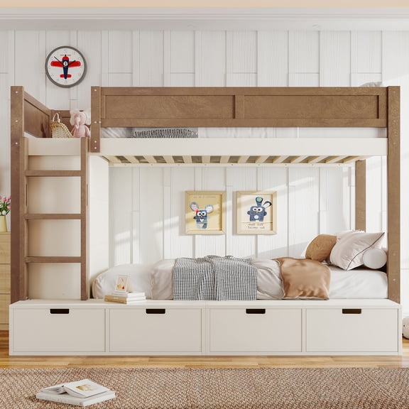 Eyisean Twin Over Twin Bunk Bed with 4 Storage Drawers and Wardrobe, Solid Wood Bunk Bed Frame with Safety Full-Length Guardrails, Twin Size Full Bunk Bed for Adults, Teens, No Box Spring Needed