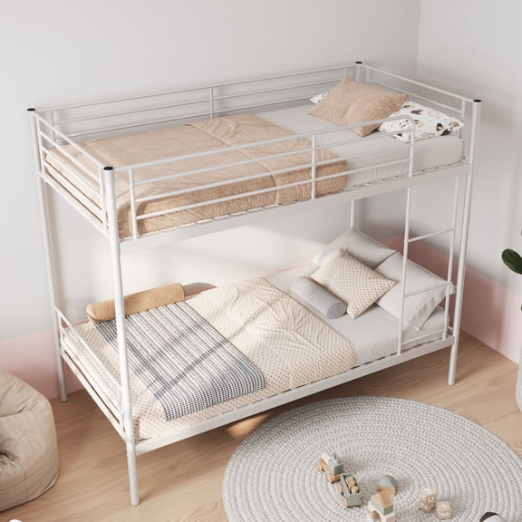 Eyisean Twin Over Twin Size Metal Heavy Duty Bunk Bed Frame, Modern Comfy Style Slats Bed Frame with Ladder & Safety Guardrail, Able to Split 2 Beds for Bedroom, Apartment, Easy Assemble