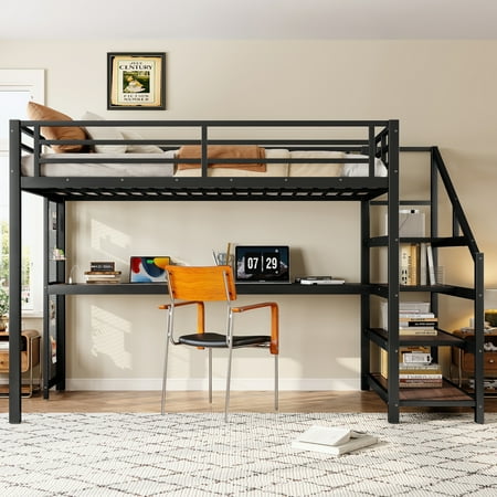 Eyisean Twin XL Loft Bed with Desk and Storage Stairs, Modern Heavy Duty Loft Bed Frame, Metal Loft Beds with LED Lights, USB Ports, Multifunctional Iron Nets, No Spring Box Needed and Noise-Free