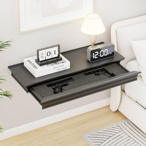 Eylar Intact Secret Home Decor with Hidden Storage, Floating Night Stand with Gun Drawer, Space-Saving Gun Shelf for Bedroom, Hallway, Office, Solid Wood (Black)