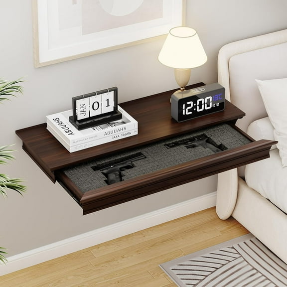 Eylar Intact Secret Home Decor with Hidden Storage, Floating Night Stand with Gun Drawer, Space-Saving Gun Shelf for Bedroom, Hallway, Office, Solid Wood (Dark Oak)