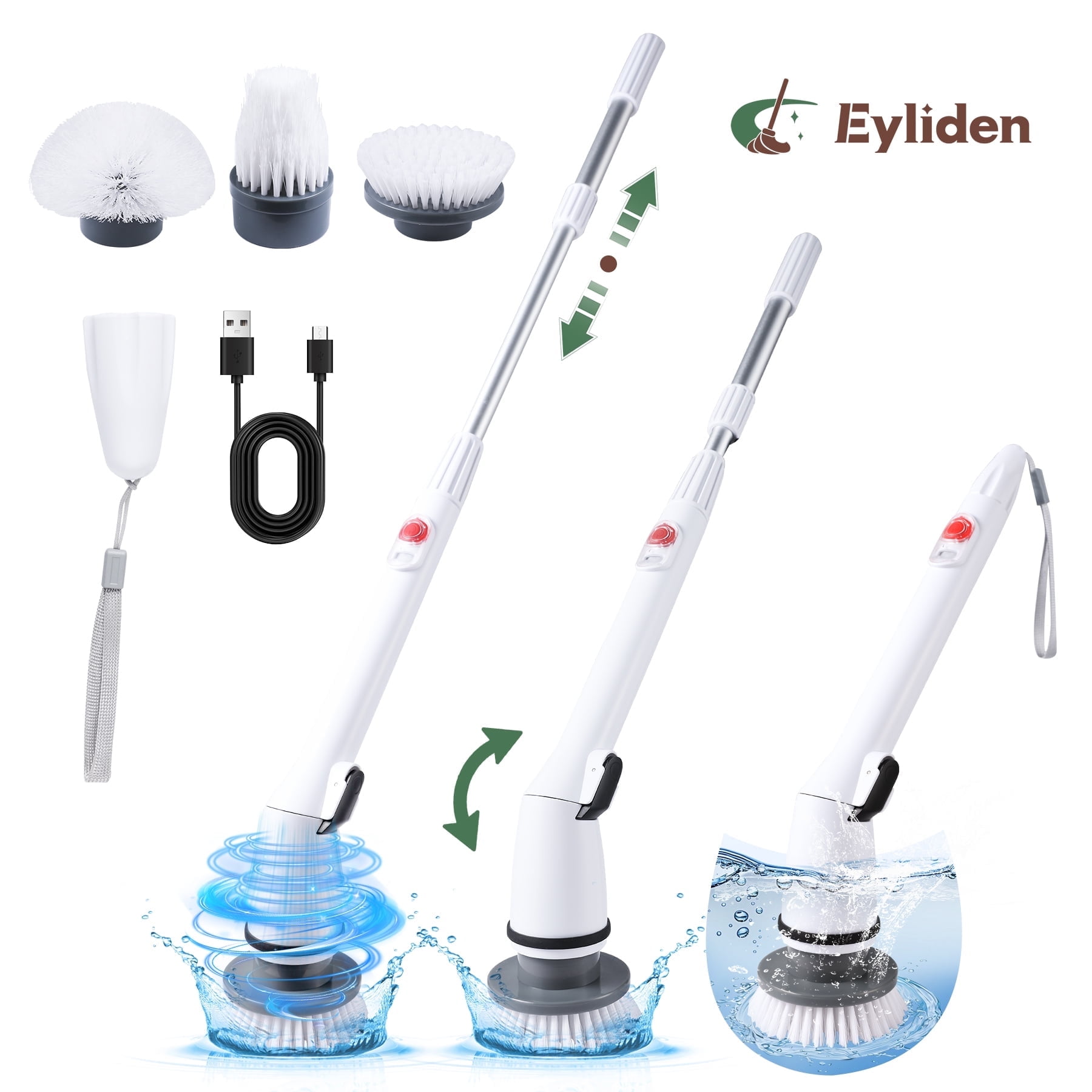 Eyliden 360 Electric Spin Scrubber, Cordless Cleaning Brush with3 Replaceable Heads, White