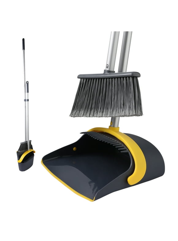 Eyliden Broom and Dustpan Combo Set, Self-Cleaning with Dustpan Teeth, Pet Hair Removal Broom, Stand Up Broom and Dustpan, Long Handle Extendable to 52" Broom, Dark Grey