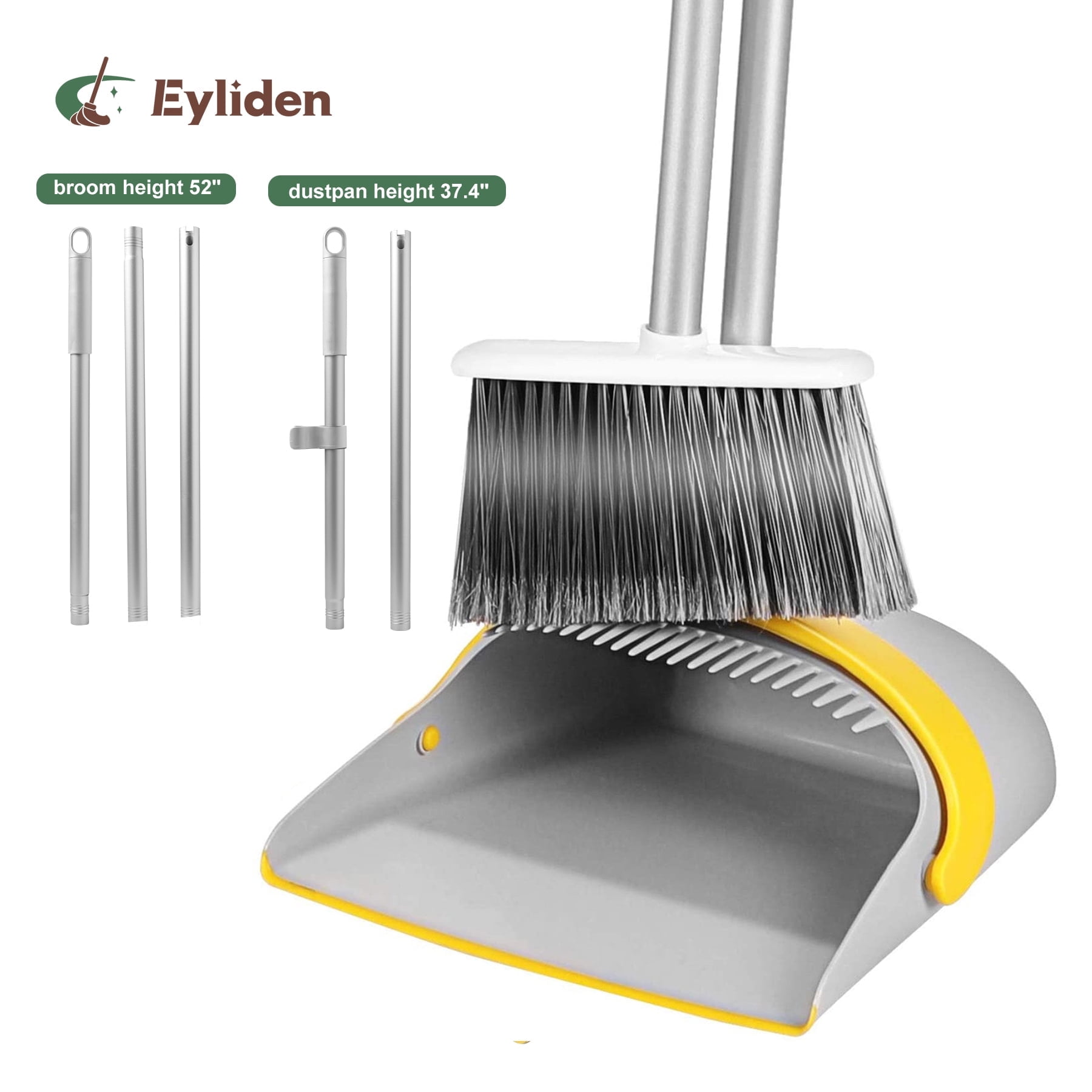 Eyliden Broom and Dustpan Set, Upright Stand Dustpan with Comb for Remove Dust, Extendable to 52, Grey