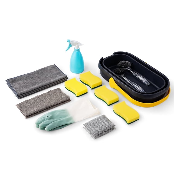Eyliden Collapsible Bucket Set with 9 Cleaning Tools, Reusable Gloves, Watering Can, Sponges & Scrub Sponge, 9 Count
