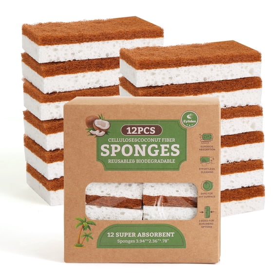 Eyliden Dual-Sided Natural Cellulose Sponges - Coconut Fiber Scrub for Dishes, 12 Pack