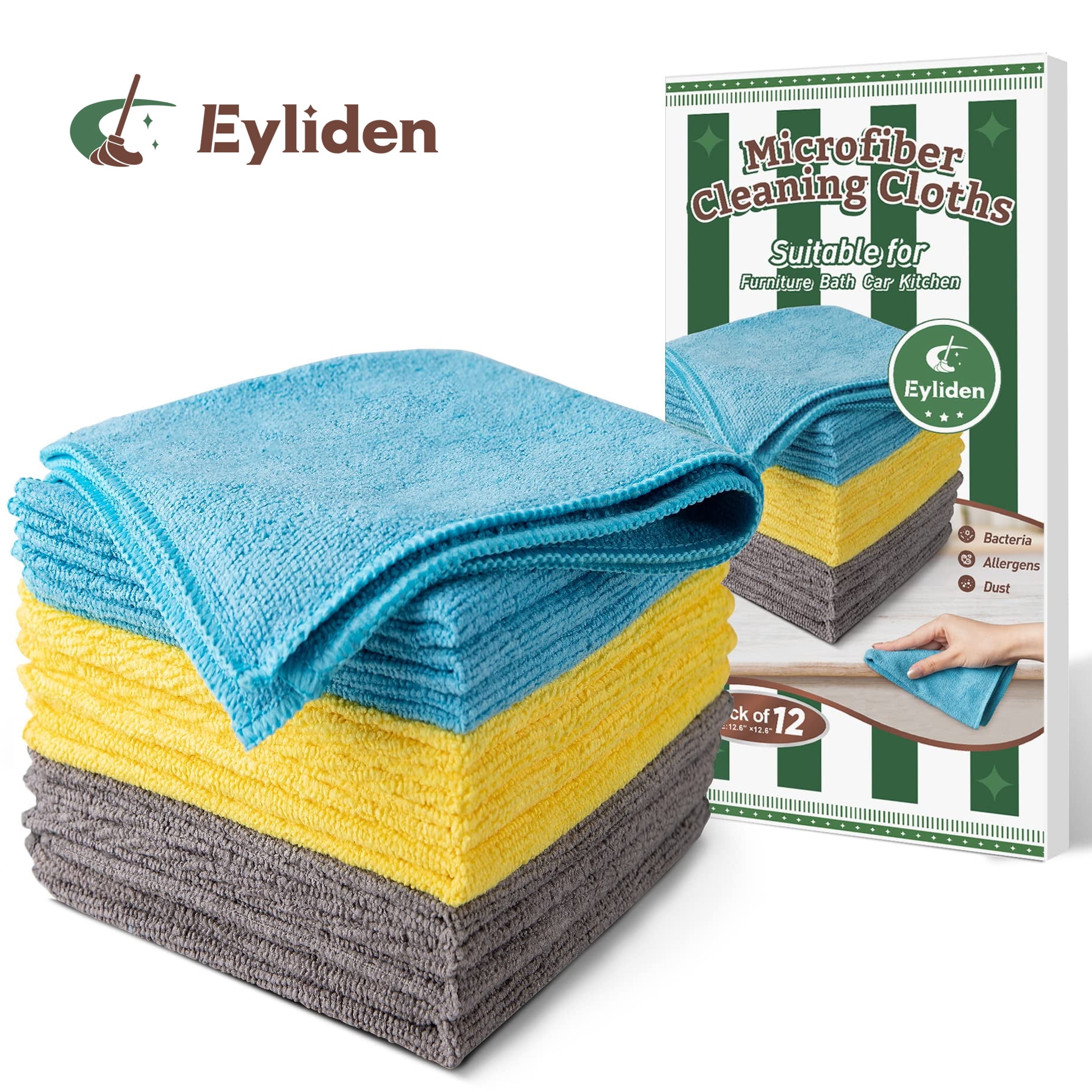 Eyliden Microfiber Cleaning Cloths Wipe for Kitchen, Car Clean, Washable, Pack of 10,  Size:12.6" x 12.6", Blue, Yellow, Gray