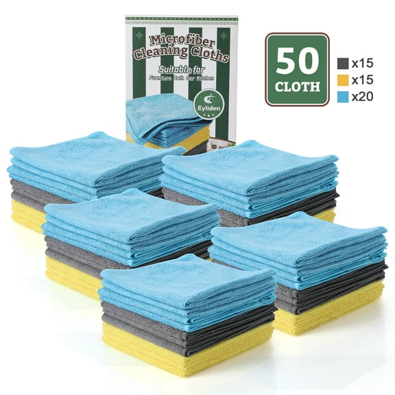 Eyliden Microfiber Resuable Cleaning Cloths Pads, 5 Pack of 10 with 3 Color, 50 Count