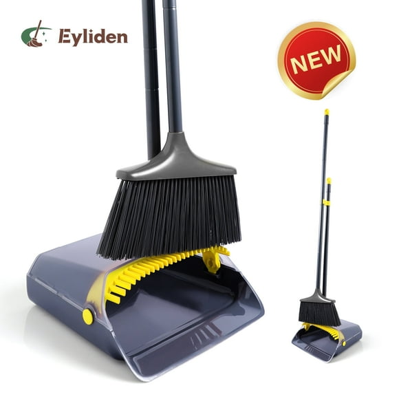 Eyliden New Thicker Broom and Dustpan Set with Extendable Long Handle and Dustpan Comb, Grey and Yellow
