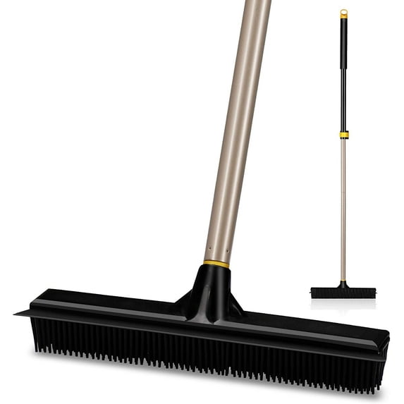 Eyliden Rubber Broom Pet Hair Fur Removal Broom Soft Bristle Push Broom with Squeegee Carpet Sweeper Floor Squeegee Heavy Duty with Telescoping Pole 42-53in for Bathroom Living Room Kitchen