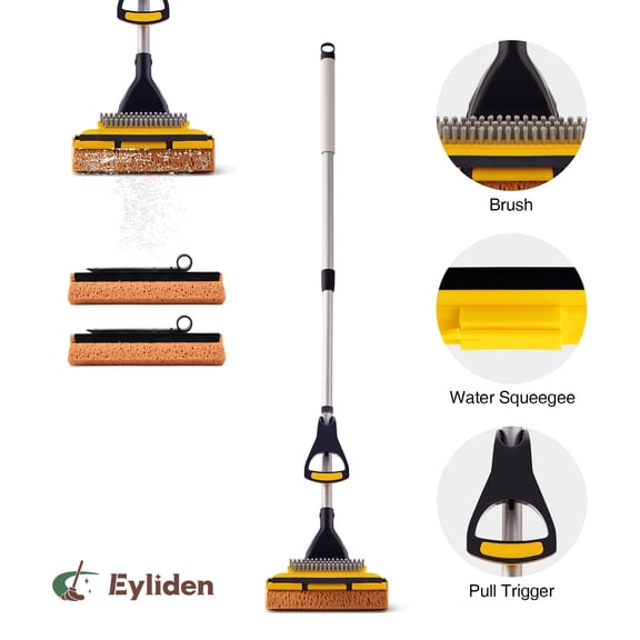 Eyliden Sponge Mop with  53" Adjustable Long Handle Easy Wring Water Absorb Cleaner for Home Commercial Use Floor Cleaning, Black