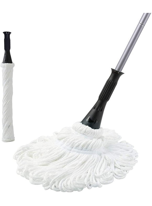 Eyliden Twist Mop with 2 Reusable Heads, 57.5 inch Long Handle, Wet Mops for Floor Cleaning, Commercial Household Clean Hardwood, Vinyl, Tile, and More (Silver)