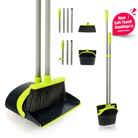 Eyliden Angle Broom and Dustpan Comb Set for Home with Soft-touch Grip,50in, Green
